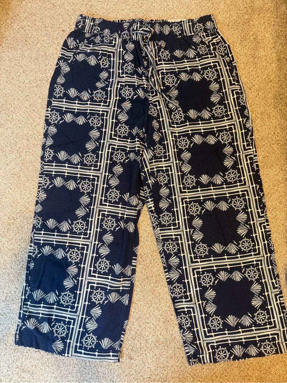 Navy & White Geometric Pattern Linen Pants